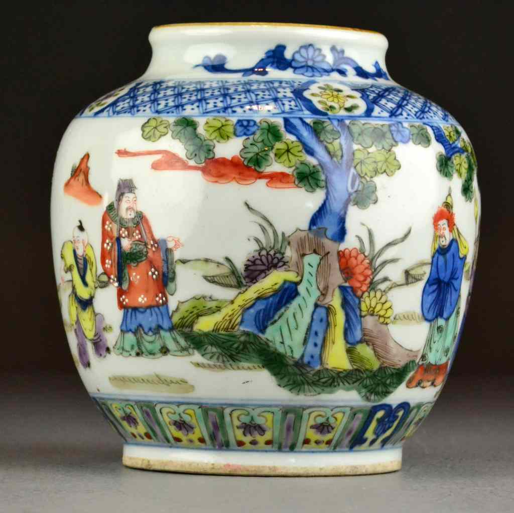 Appraisal: Chinese Qing Wucai Porcelain JarFinely enameled to depict figures and