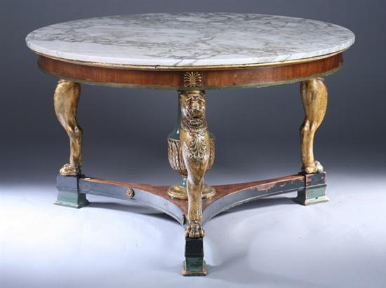 Appraisal: EMPIRE PAINTED AND PARCEL GILT MARBLE-TOP CENTER TABLE Early th