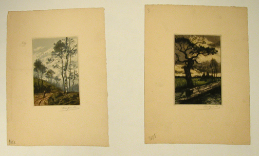 Appraisal: Two Hand Colored Etchings Borigouller hand colored etchings x inches