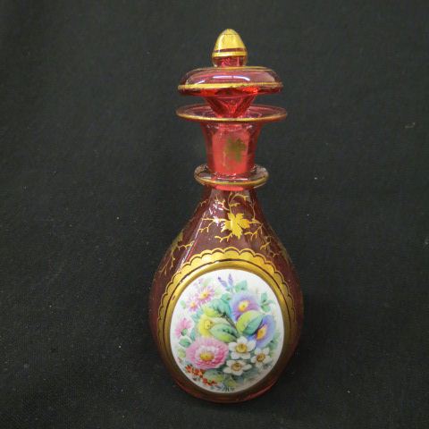 Appraisal: Bohemian Enameled Cranberry Art Glass CologneBottle handpainted floral on white