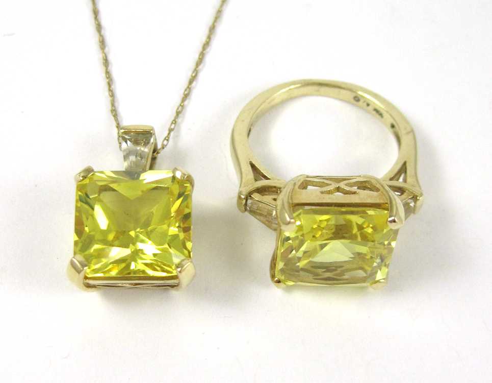 Appraisal: TWO PIECE SYNTHETIC YELLOW SAPPHIRE JEWELRY SET the a pendant