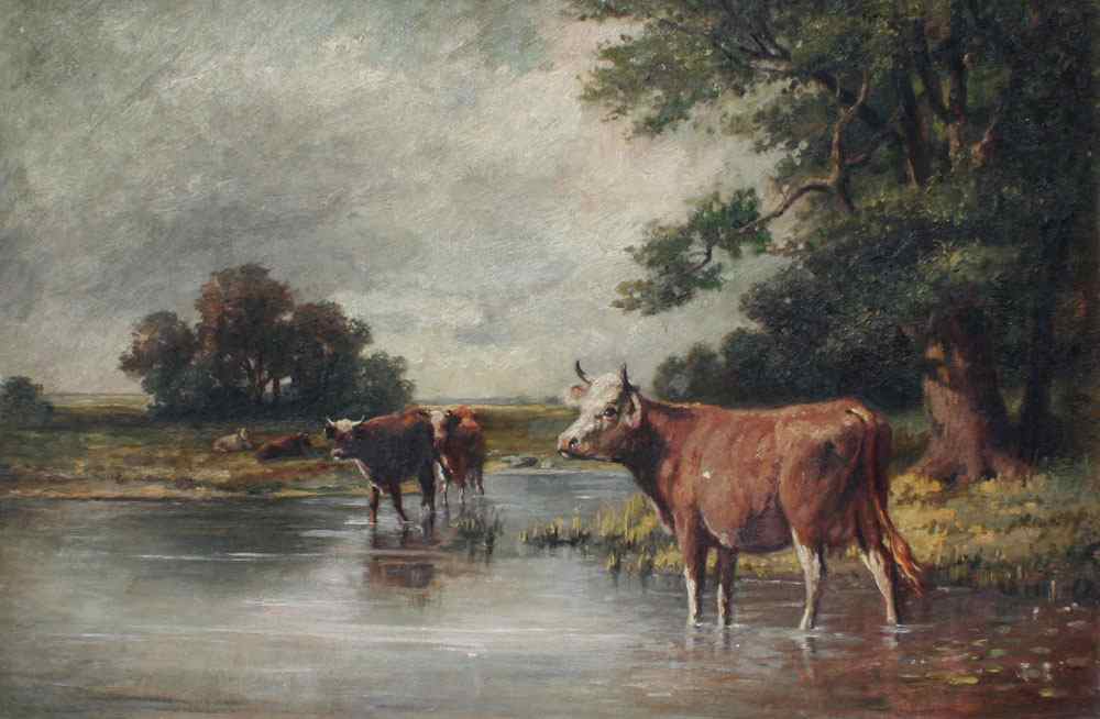 Appraisal: LATE TH CENTURY OIL ON CANVAS OF COWS WATERING AT