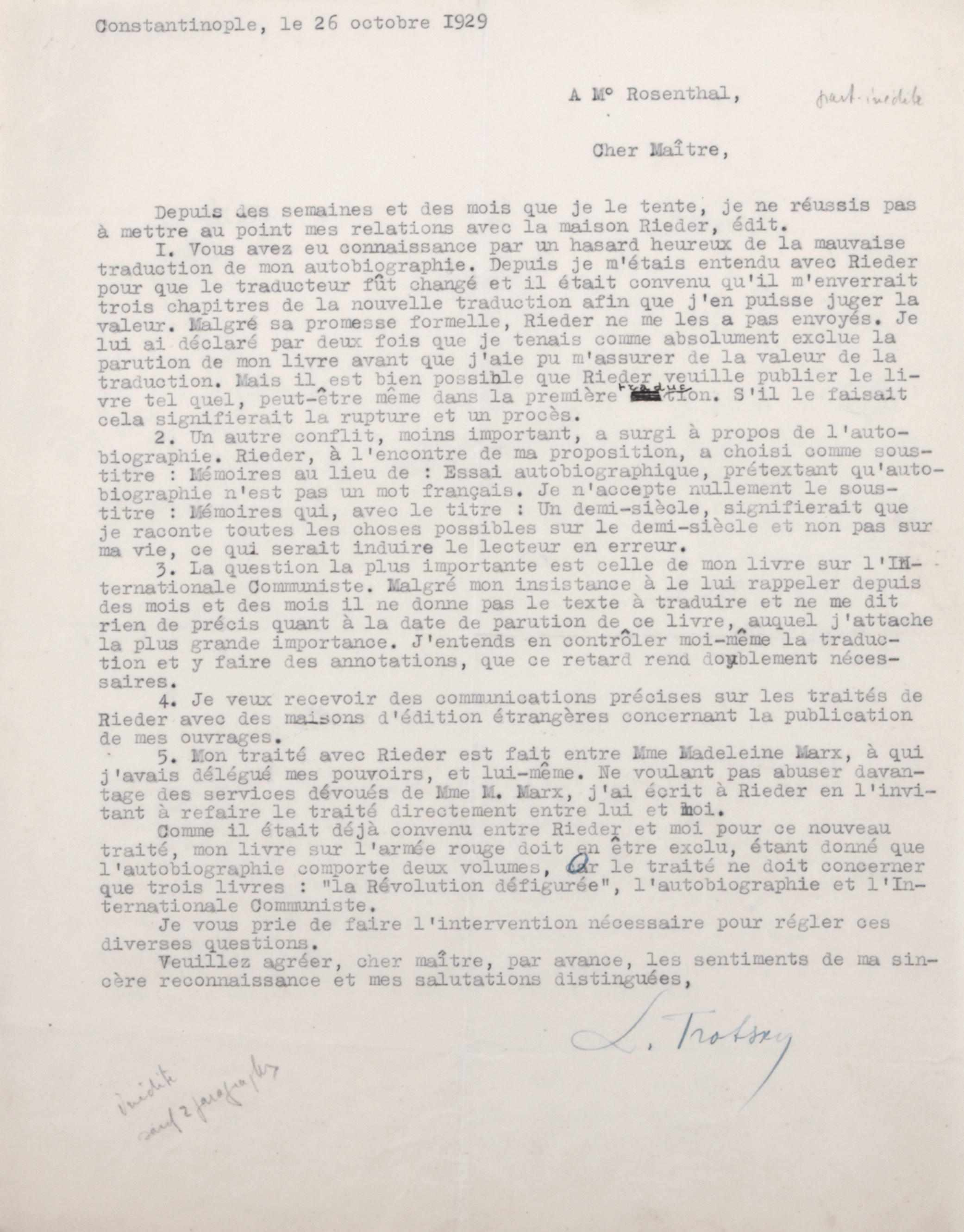 Appraisal: TROTSKY LEON - Typed Letter Signed ''L Trotsky'' in French