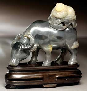 Appraisal: BLACK JADE WATER BUFFALO Rare Chinese carved greyish-black jade model