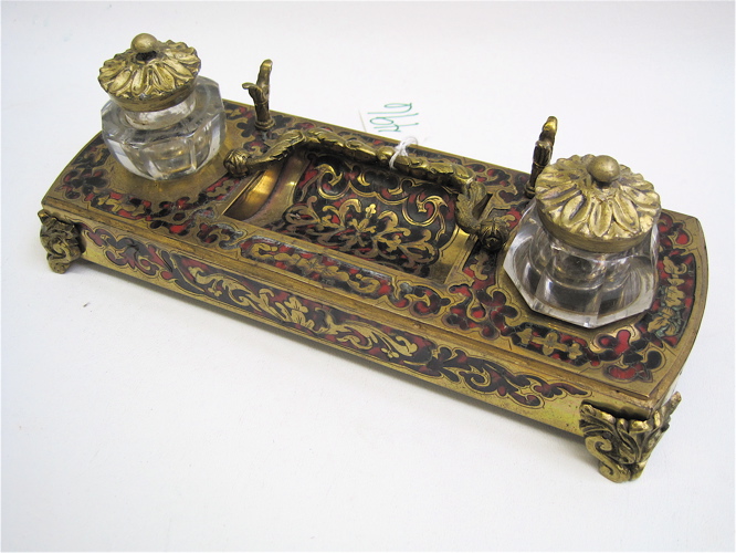 Appraisal: TH C BOULLE TORTOISE SHELL INKWELL brass and bronze inlay