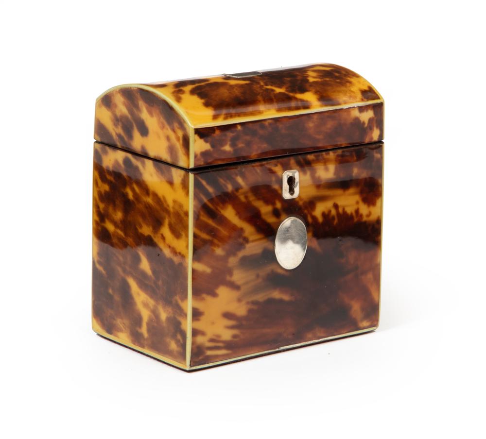 Appraisal: George IV Tortoiseshell Tea Caddy th c domed top interior