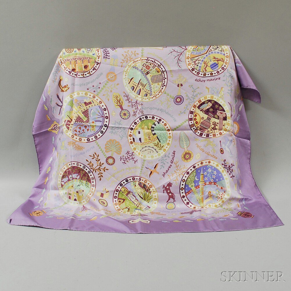 Appraisal: Hermes Escales Mediterraneennes Lilac Silk Scarf Paris with decorative medallions