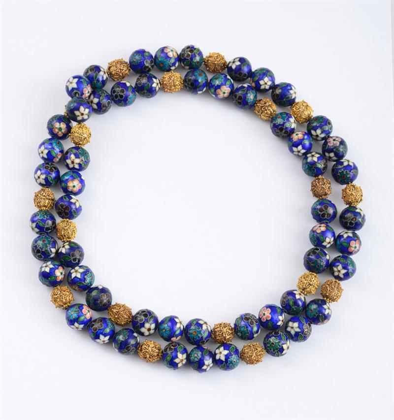 Appraisal: GOLD FILIGREE BEAD AND CLOISONN ENAMEL BEAD NECKLACE Strung on