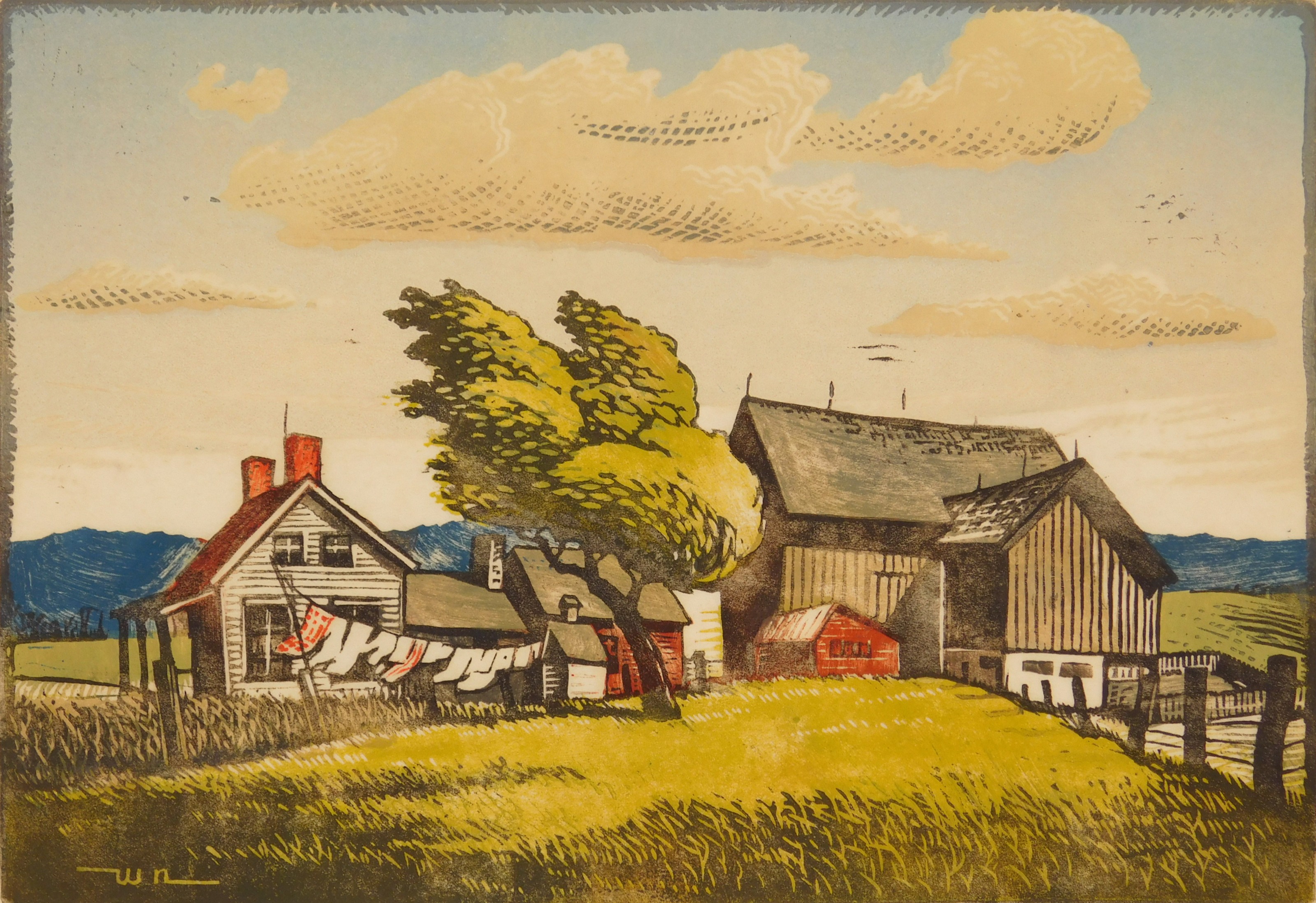 Appraisal: Woldemar Neufeld - Monday on The Farm''- linocut in color