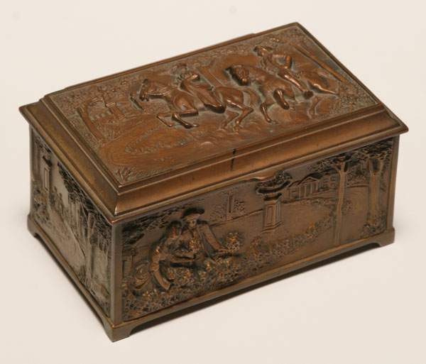 Appraisal: Embossed metal box casket with th century scenes copper wash