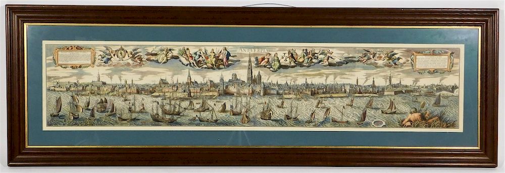 Appraisal: Illustrated Harbor Landscape of Antwerp Map Print Illustrated Harbor Landscape