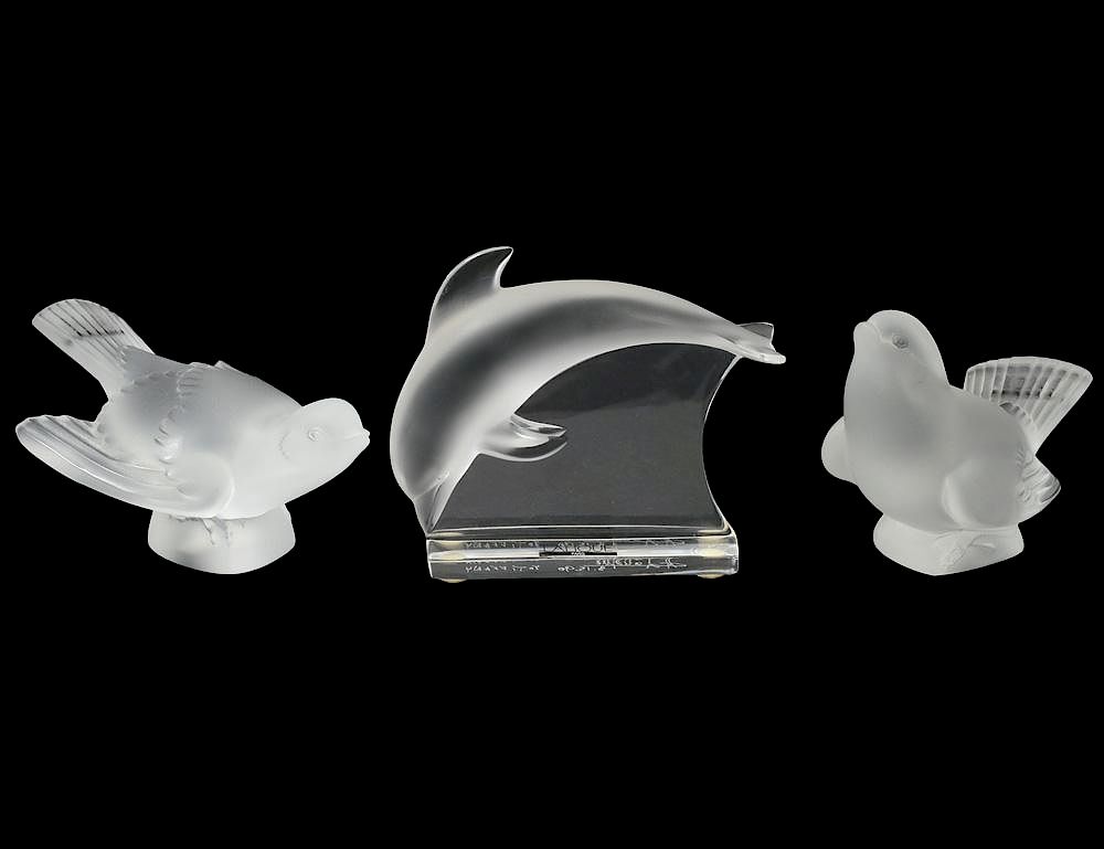 Appraisal: GROUP OF THREE LALIQUE CRYSTAL FIGURES French Signed Comprising two