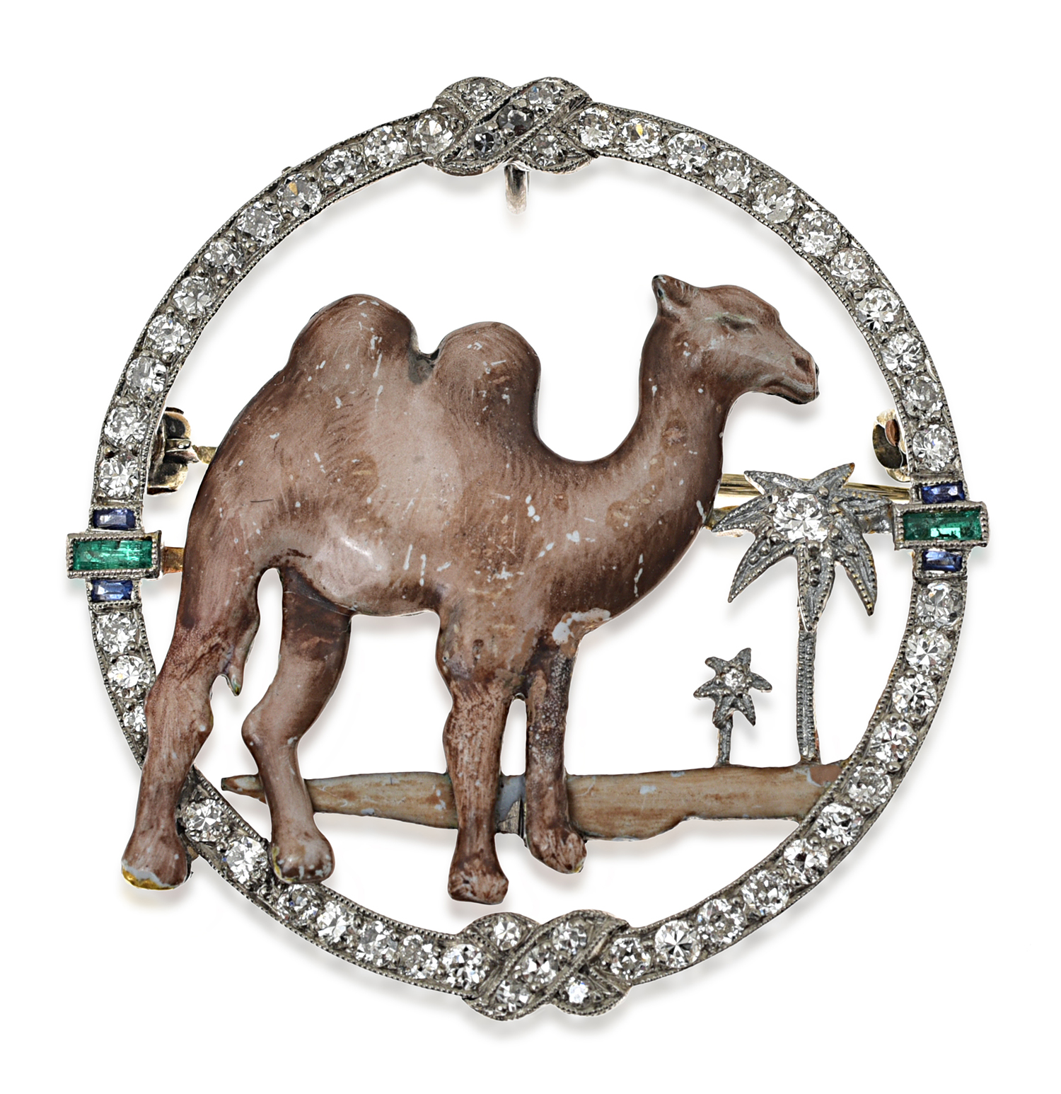 Appraisal: AN ART DECO DIAMOND AND ENAMEL CAMEL BROOCH The pierced