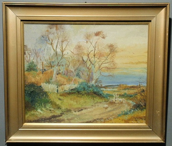 Appraisal: Oil on artist board landscape painting with a shepherd and