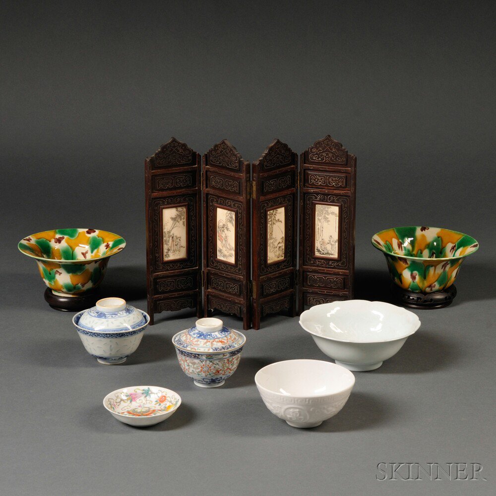 Appraisal: Seven Asian Porcelain Items and a Table Screen a pair