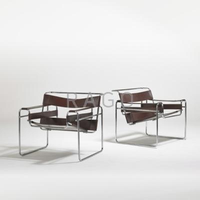 Appraisal: MARCEL BREUER Pair of Wassily chairs Italy s Chromed steel