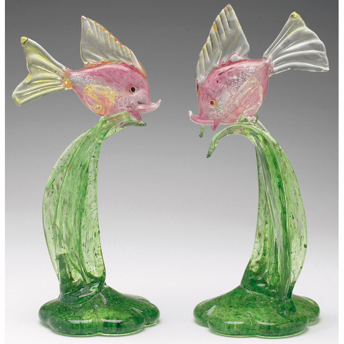 Appraisal: Murano figurines pair pink fish on green glass waves w