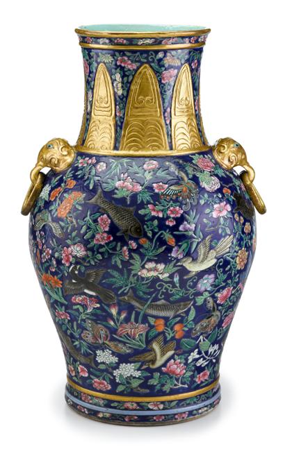 Appraisal: Large Chinese famille rose porcelain and gilt metal mounted vaseearly