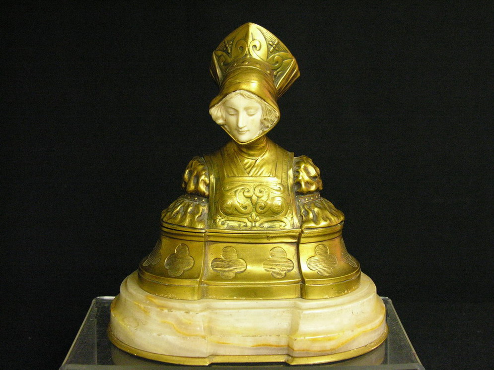 Appraisal: DOMINIQUE ALONZO DORE BRONZE IVORY FIGURAL BOX signed 'Alonzo Etling