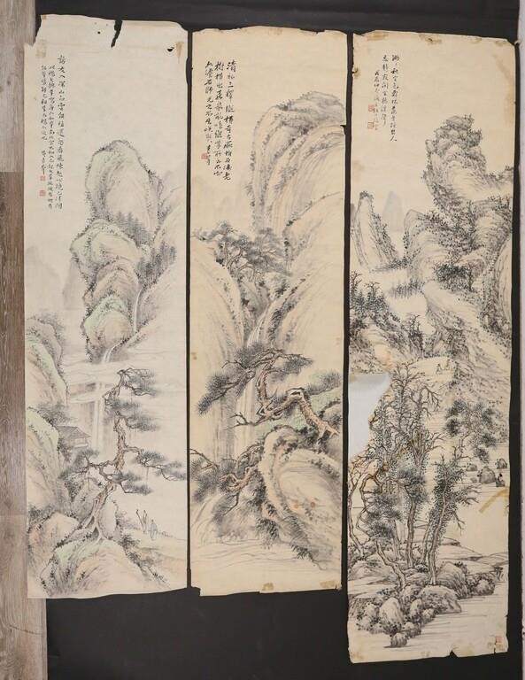 Appraisal: Chinese landscape scrolls ink on paper Each with verse upper