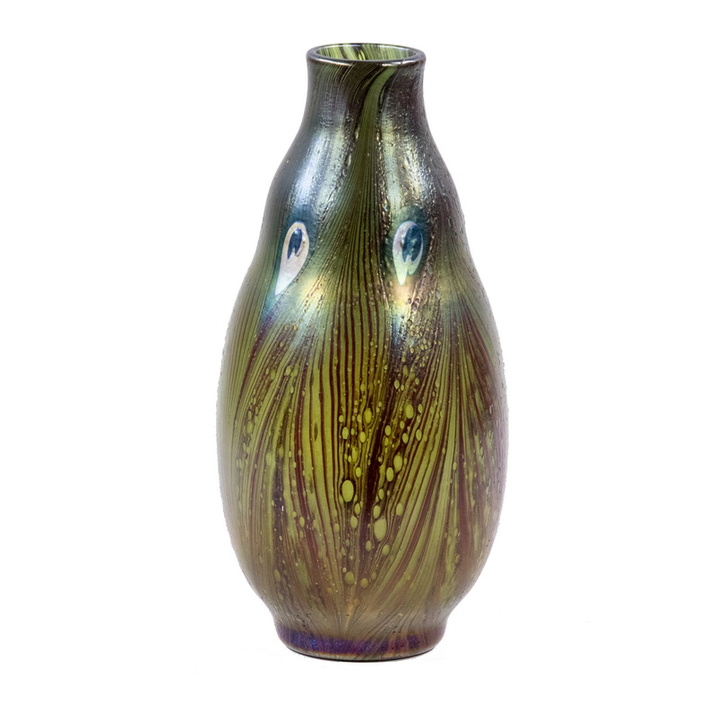 Appraisal: ART GLASS PEACOCK FEATHER VASE INCISED 'L C T '