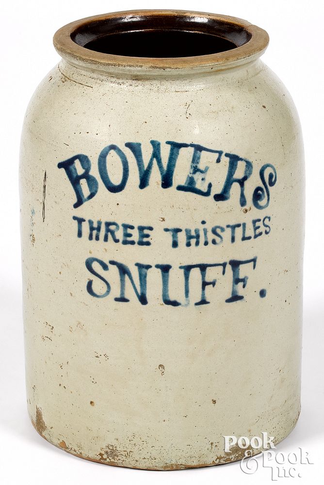 Appraisal: Bowers Snuff stoneware advertising crock th c Bowers Snuff stoneware