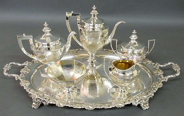 Appraisal: - Five-piece sterling silver tea service by Gorham- coffeepot h