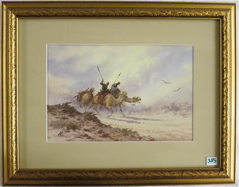 Appraisal: DESERT SANDSTORM WATERCOLOR ON PAPER camel riders trying to outrun