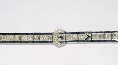 Appraisal: DIAMOND AND SAPPHIRE BRACELET ca Platinum Attractive laterally finely decorated