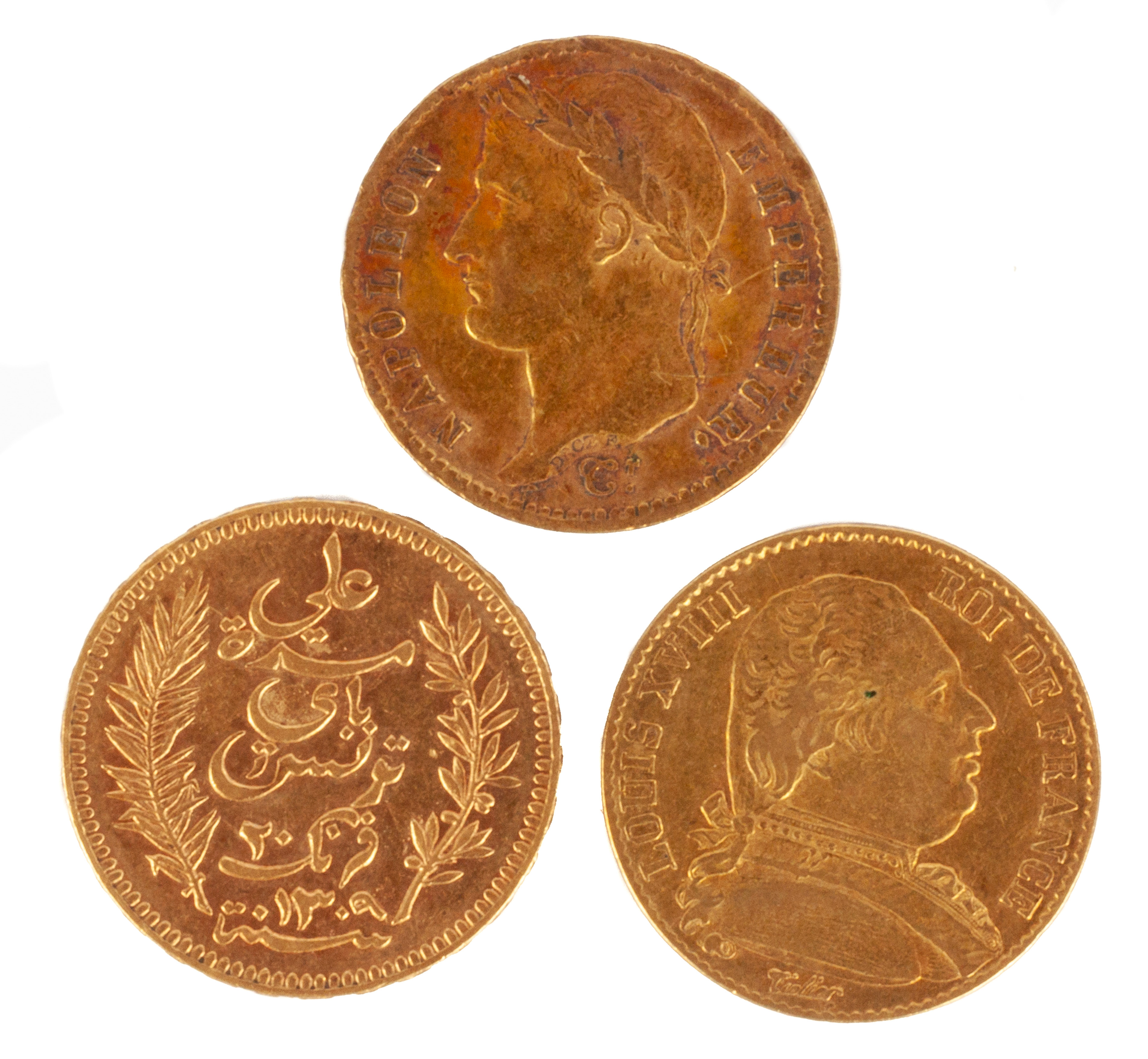 Appraisal: FRANCS GOLD COINS Tunisie Francs Louis XVVIII Francs Napoleon Francs