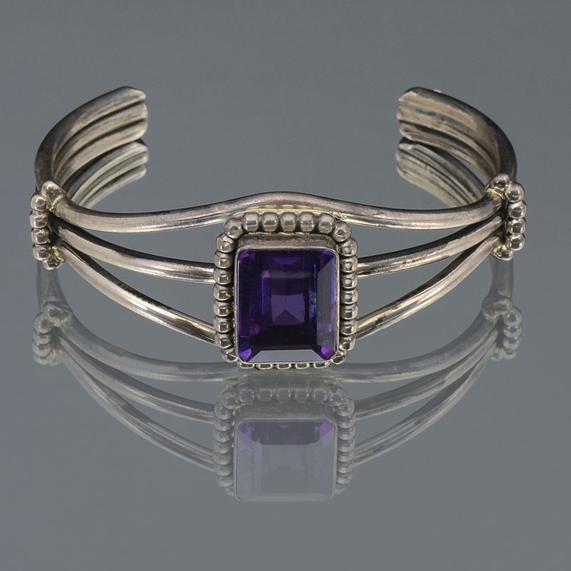 Appraisal: RUSSELL SAM NAVAJO STERLING AMETHYST CUFF BRACELET Navajo Silver and