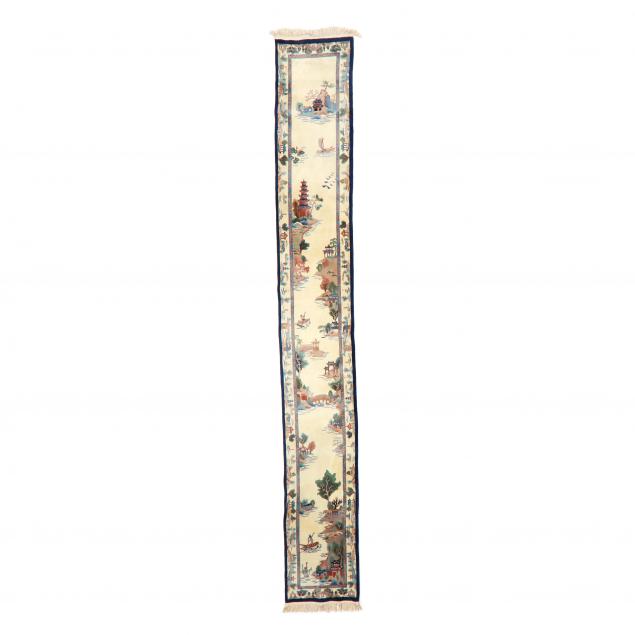 Appraisal: WOOL CHINESE MOTIF RUNNER Ivory ground with various water scene