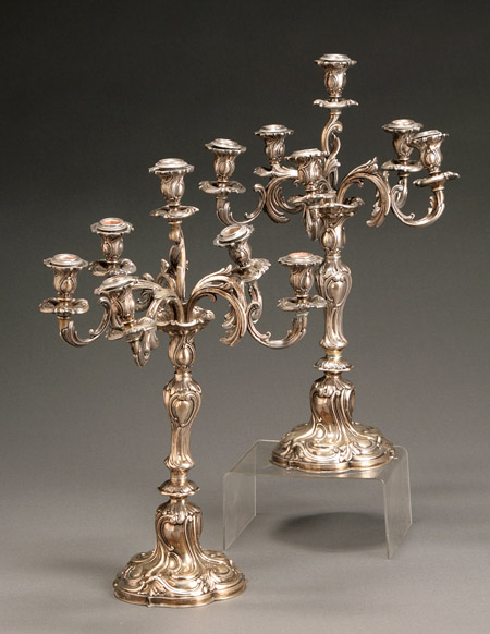 Appraisal: Pair of German Rococo Style Weighted Silver Six-Light Candelabra Circa