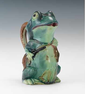 Appraisal: A Majolica Hunting Frog Pitcher Large molded pottery figure of