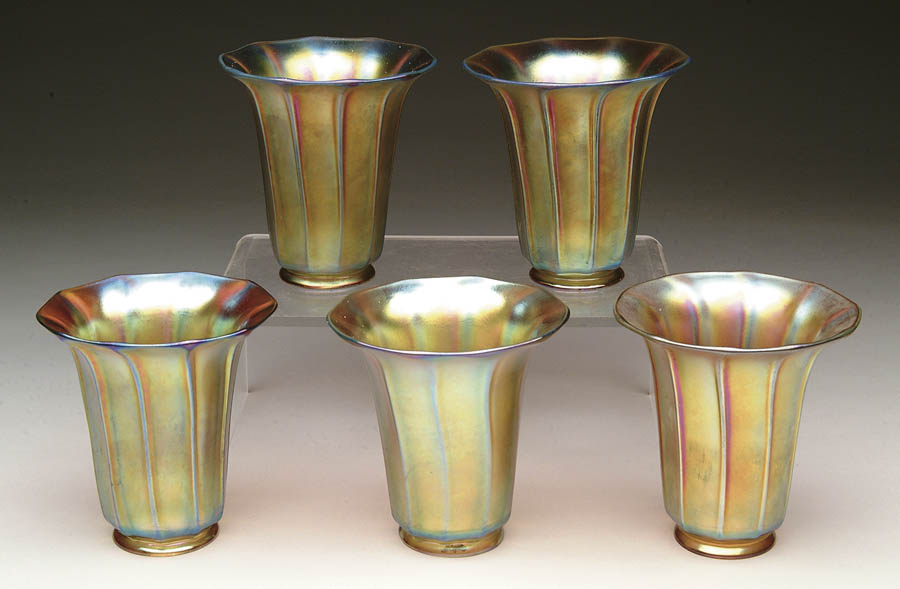 Appraisal: FIVE STEUBEN ART GLASS SHADES Nicely matched set of Steuben