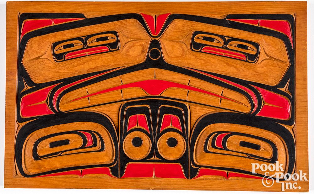 Appraisal: Tsimshian Indian carved and painted wood panel Tsimshian carved and