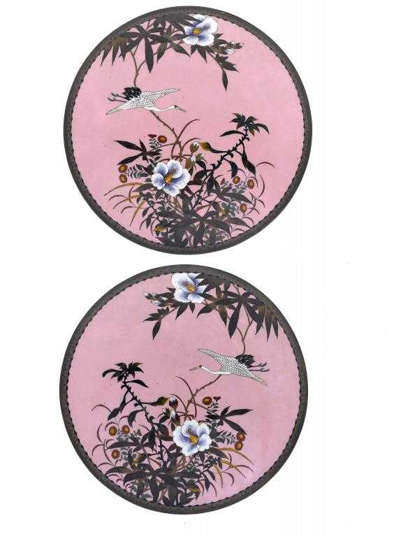 Appraisal: A PAIR OF JAPANESE CLOISONN ENAMEL PLAQUES with storks and