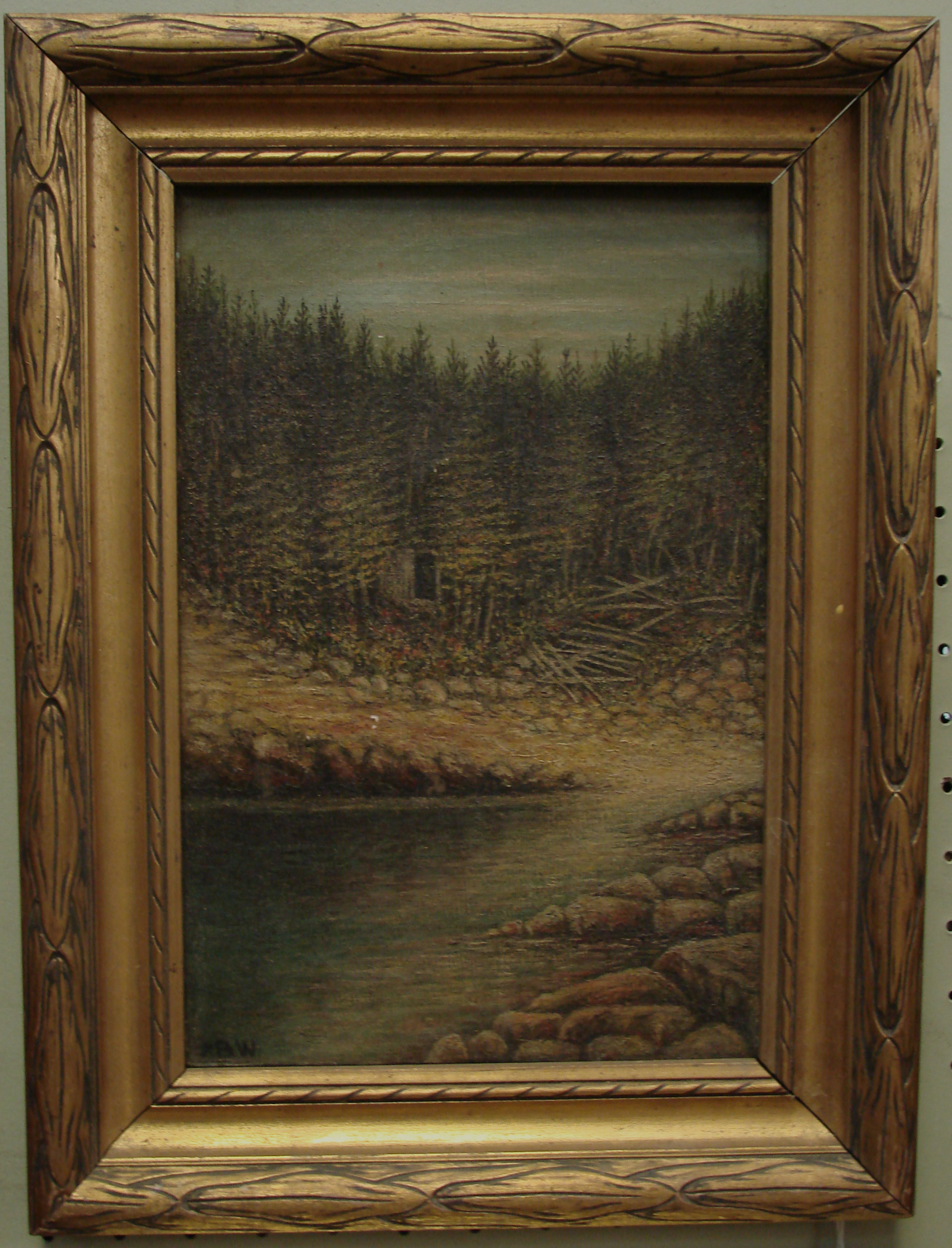 Appraisal: FRAMED PAINTING Maine logging camp Signed lower left S B