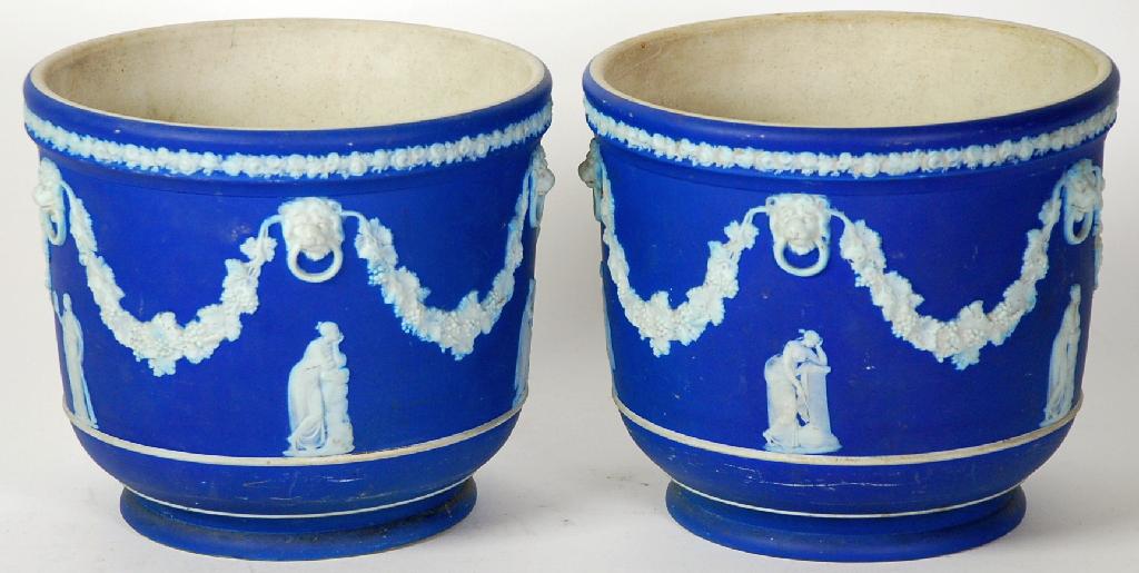 Appraisal: PAIR OF NINETEENTH CENTURY WEDGWOOD DARK BLUE DIPPED JASPERWARE JARDINIERE