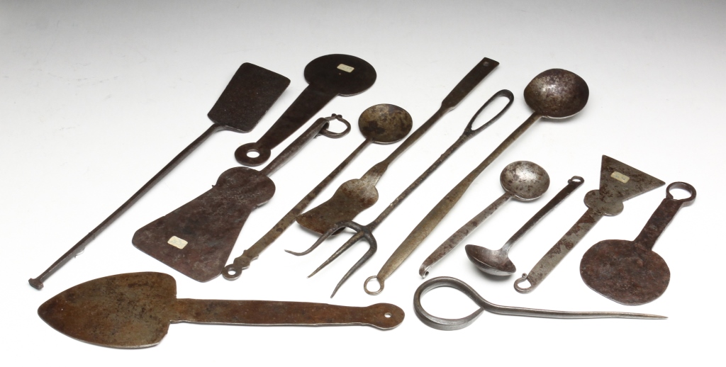 Appraisal: THIRTEEN AMERICAN UTENSILS AND TOOLS Nineteenth century wrought iron and