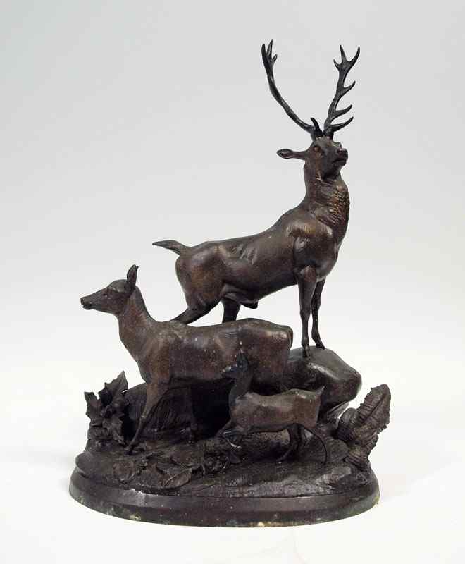 Appraisal: HEIZLER Hippolyte European - Stag grouping Patinated Metal ''h signed