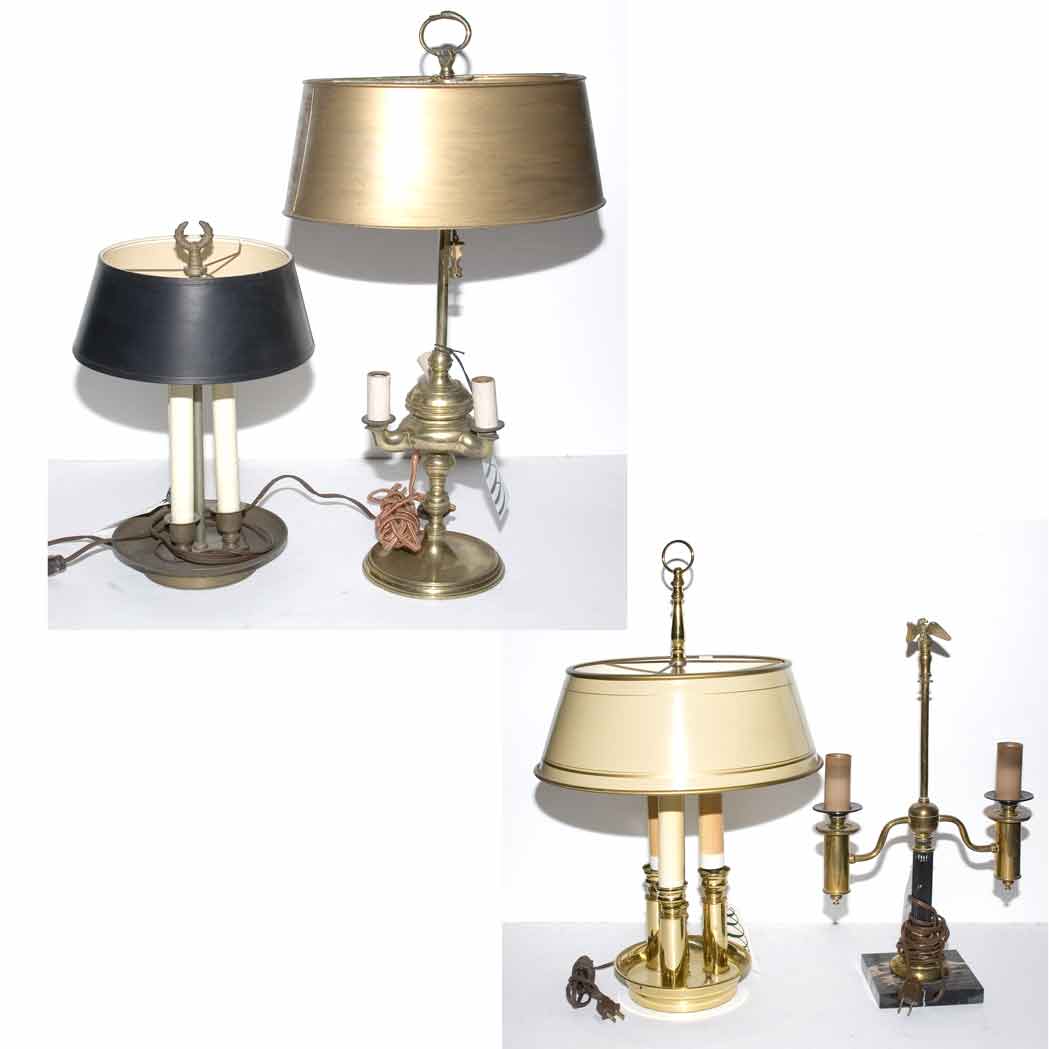 Appraisal: Two Brass Bouillotte Lamps Together with Two Brass Lamps