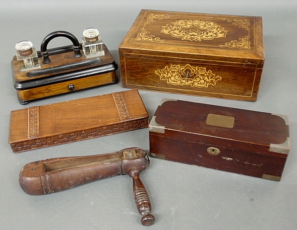 Appraisal: - Mahogany inkstand with two crystal inkwells an inlaid sewing