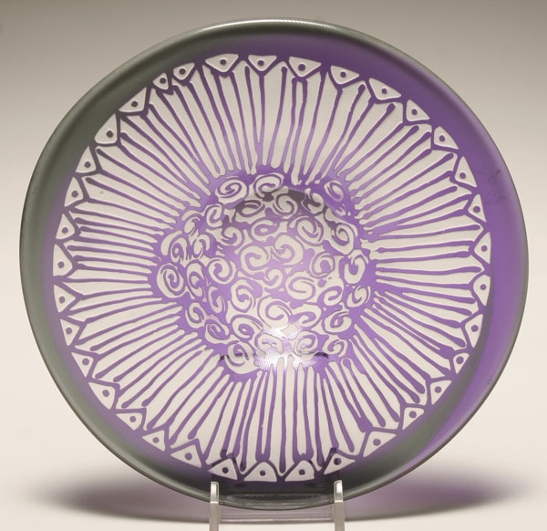 Appraisal: Cheryl Takacs purple acid etched glass dish Signed Takacs is