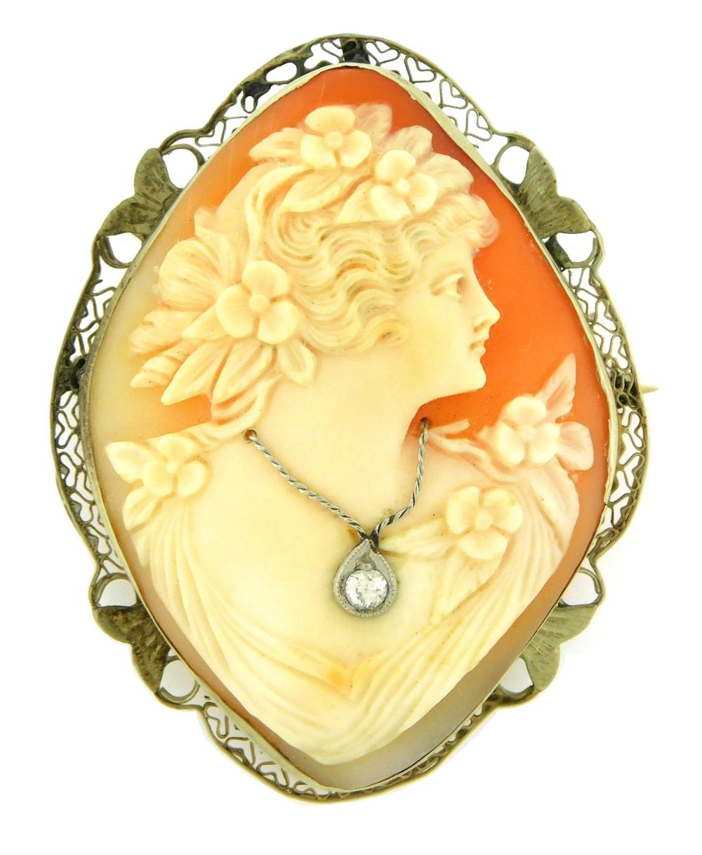 Appraisal: JEWELRY K SHELL CAMEO PIN PENDANT LOZENGE SHAPE FILIGREE FRAME