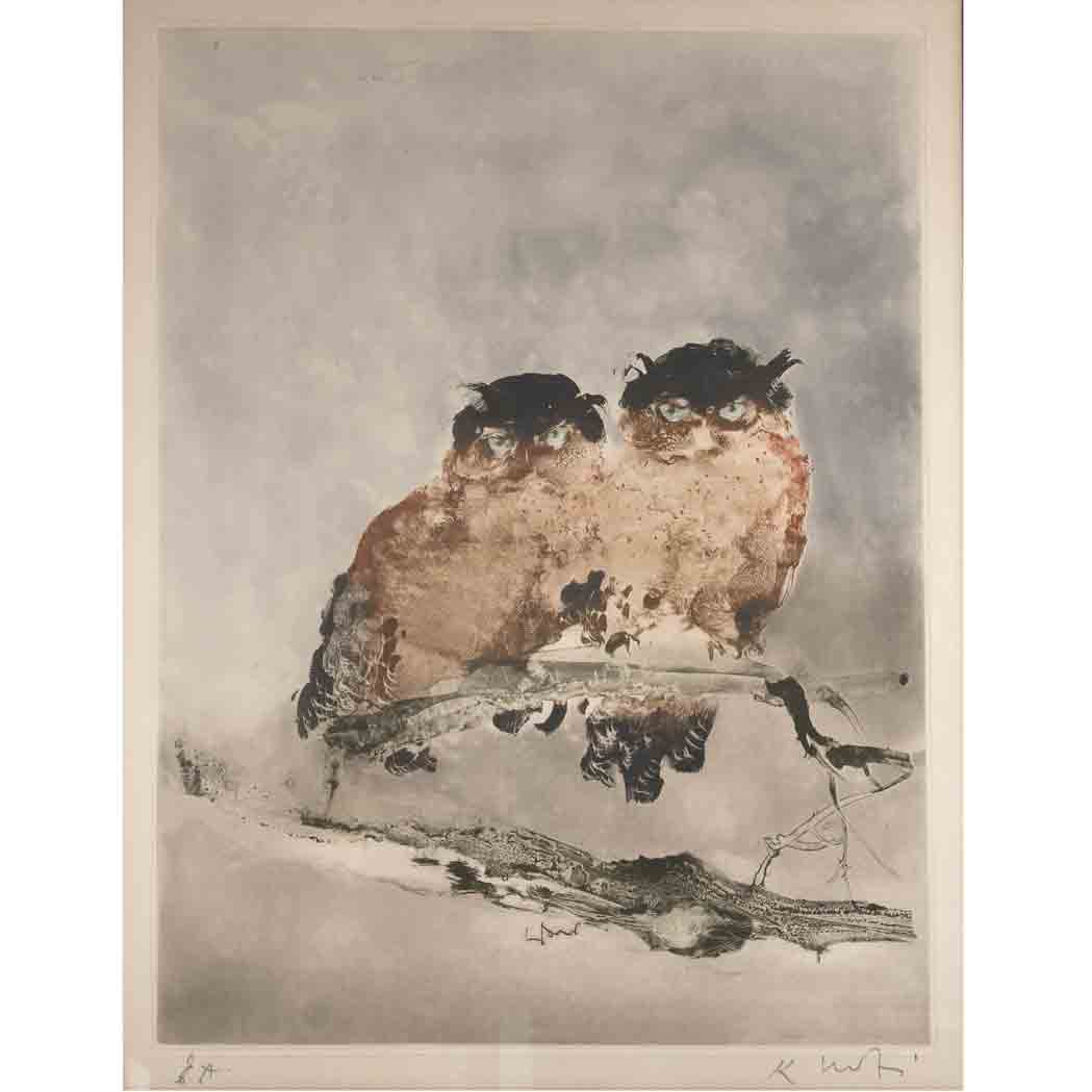 Appraisal: Kaiko Moti TWO OWLS Color aquatint signed and inscribed EA