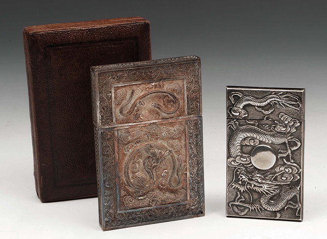 Appraisal: A Chinese silver filigree card casedecorated with two dragons to