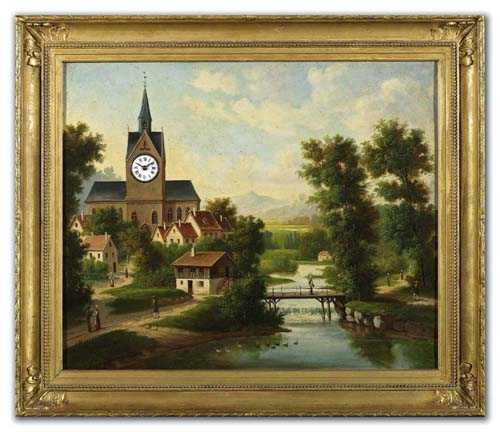 Appraisal: PICTURE CLOCK WITH CARILLON Biedermeier probably West Switzerland circa Oil