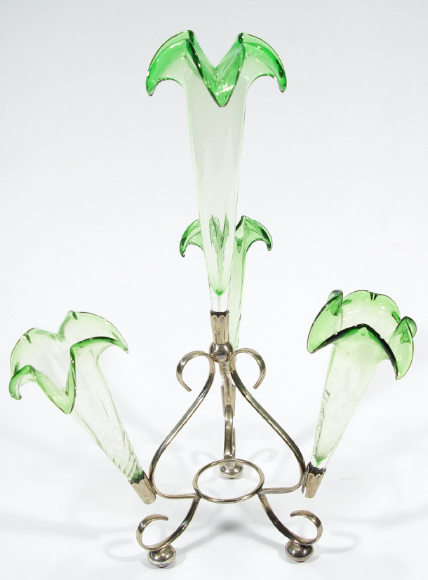 Appraisal: Silver plated four branch epergne with green glass flutes cm