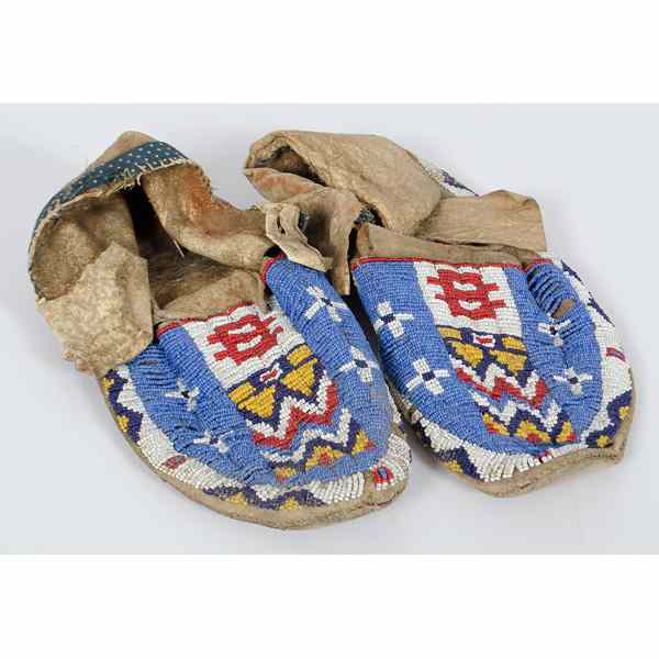 Appraisal: Sioux Beaded Hide Moccasins sinew-sewn and beaded in colors of